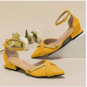YDN Yellow Pointed Toe Pearl Pumps Block Low Heel D'orsays Ankle Strap Shoes